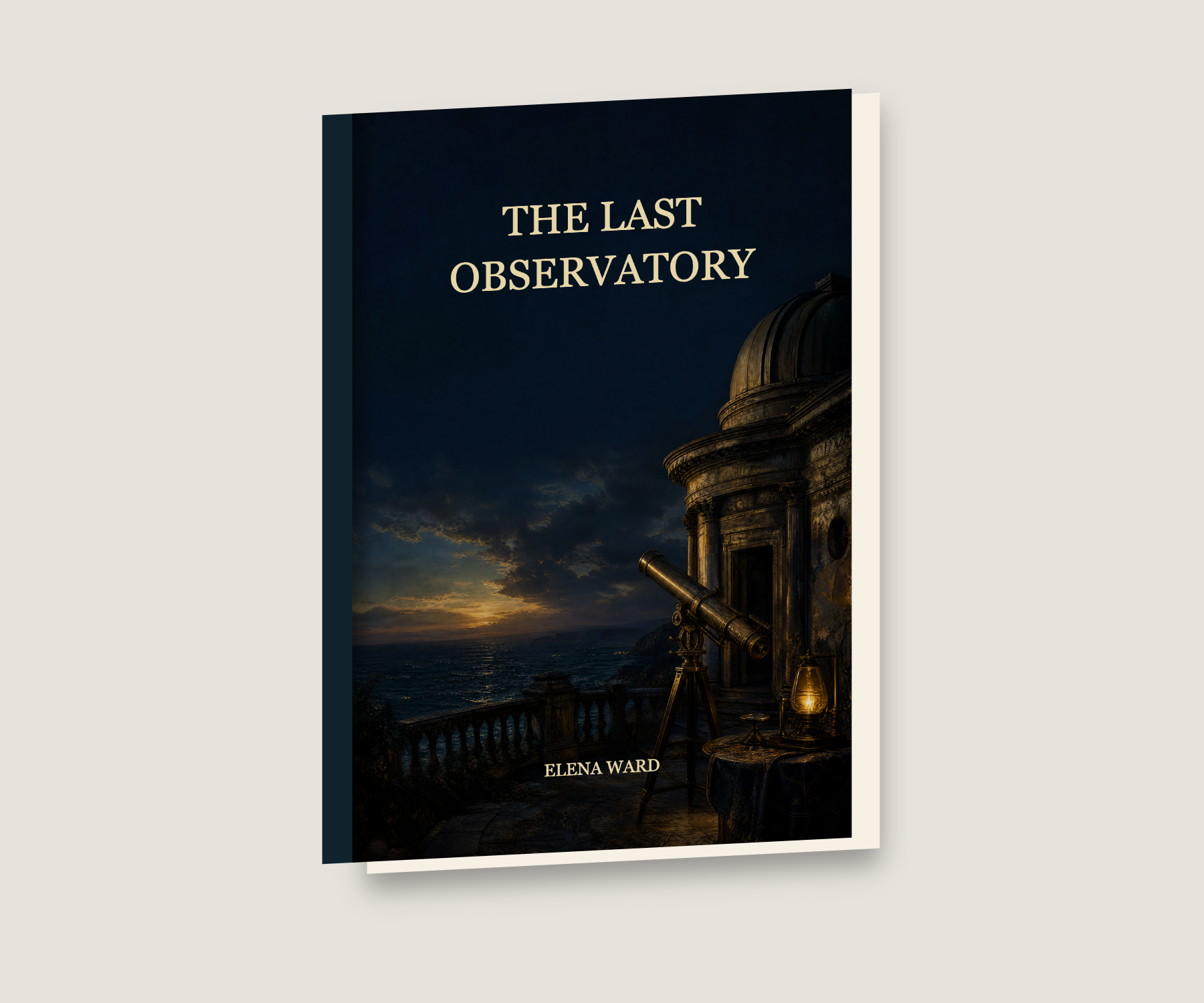 The same Last Observatory front cover rendered by our studio as a standing book