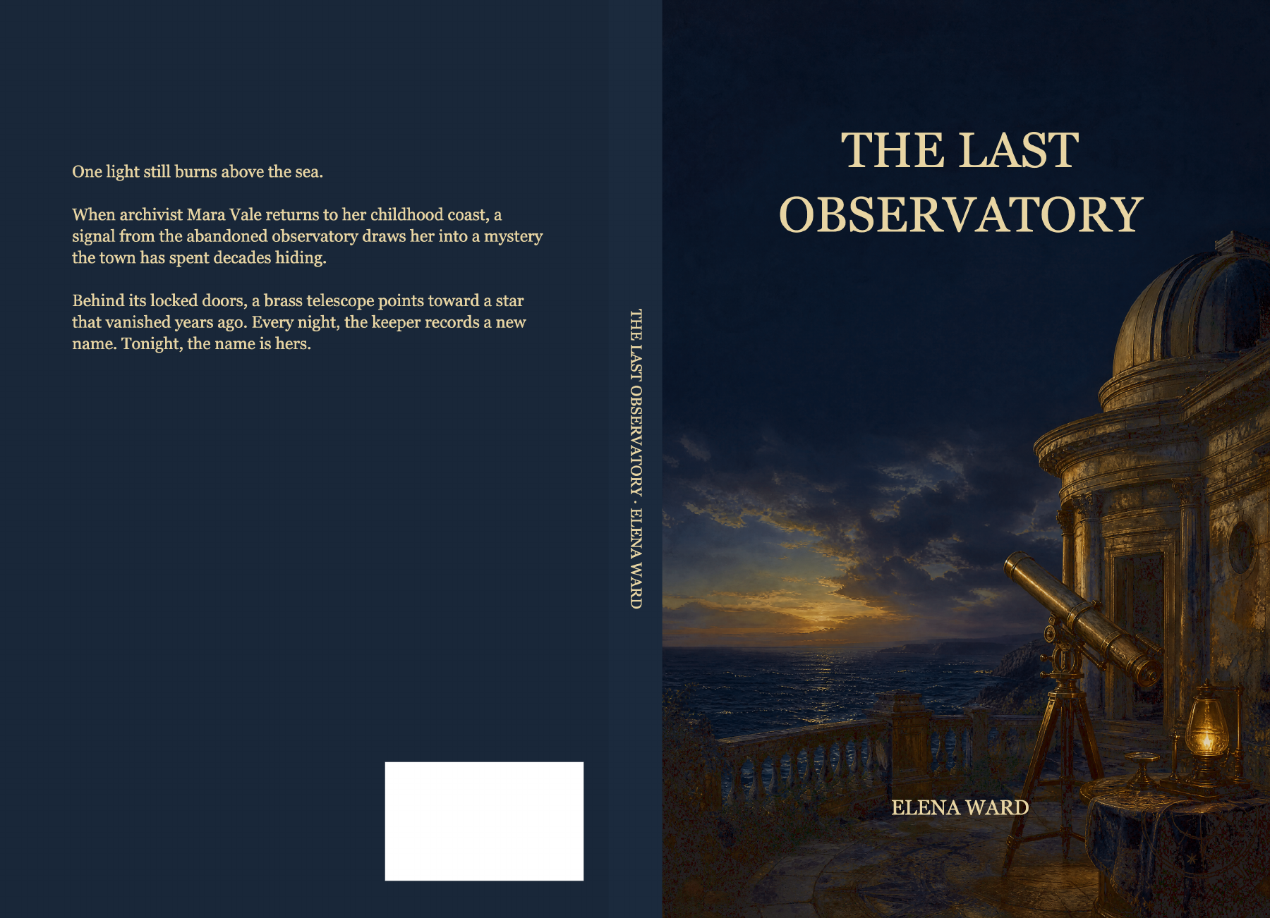 The same Last Observatory project exported as a full wrap with front, spine, back-cover copy and barcode reserve