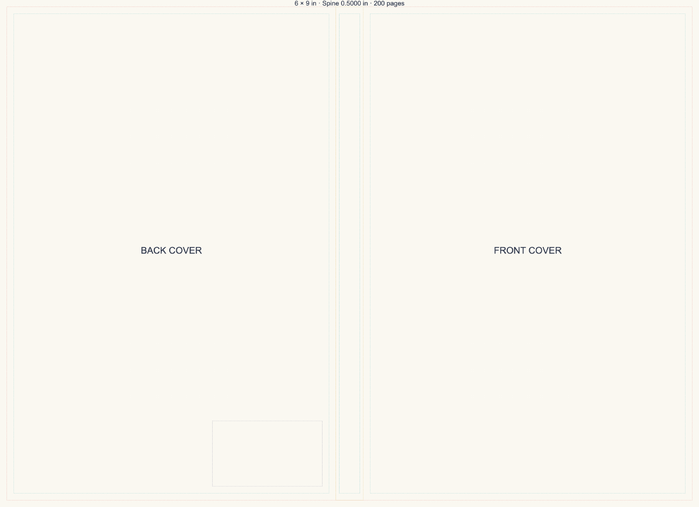 Actual guide PDF for the same 6 by 9 paperback, with trim, safe-area, spine and barcode guides
